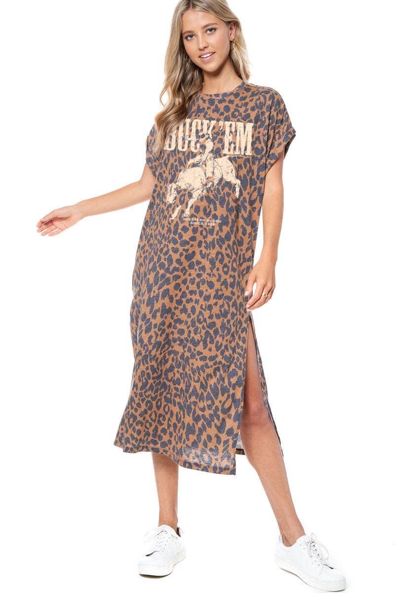 Buck 'Em Cowboy Vintage Graphic Leopard Maxi Dress: CHARCOAL