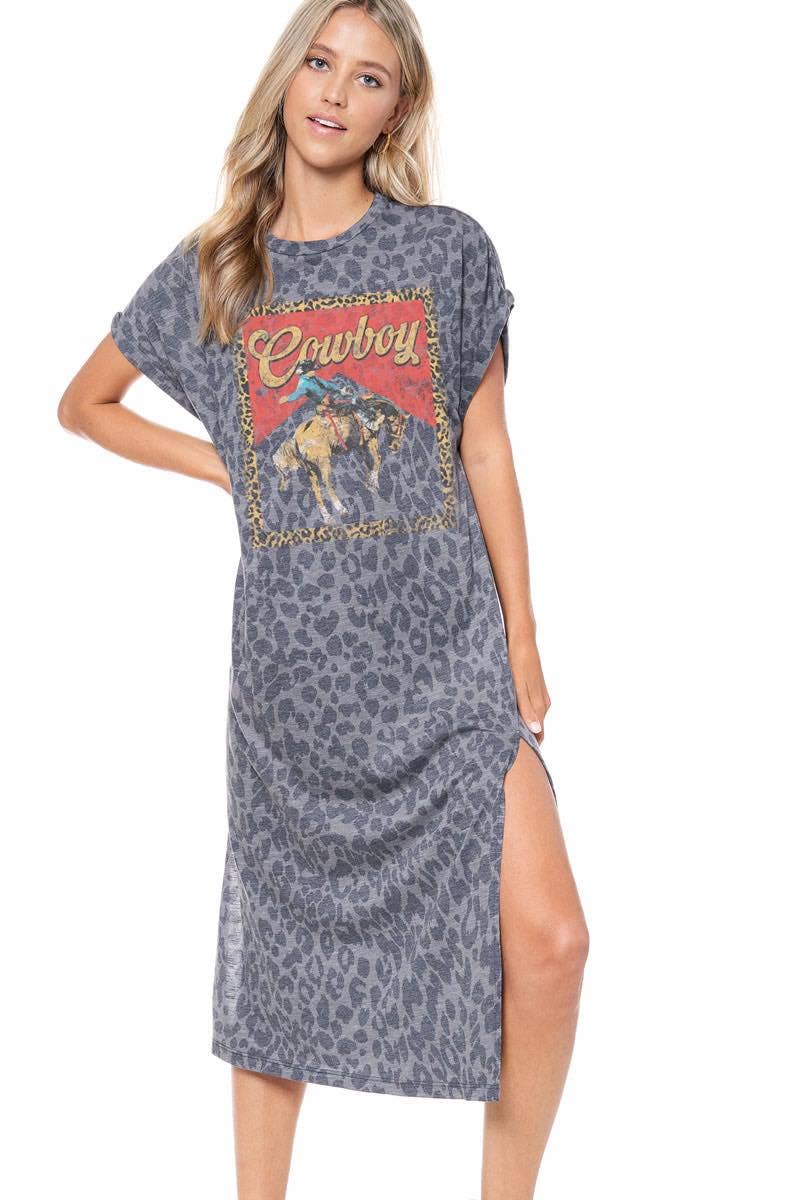 Western Cowboy Leopard Frame Graphic Leopard Maxi Dress: CHARCOAL