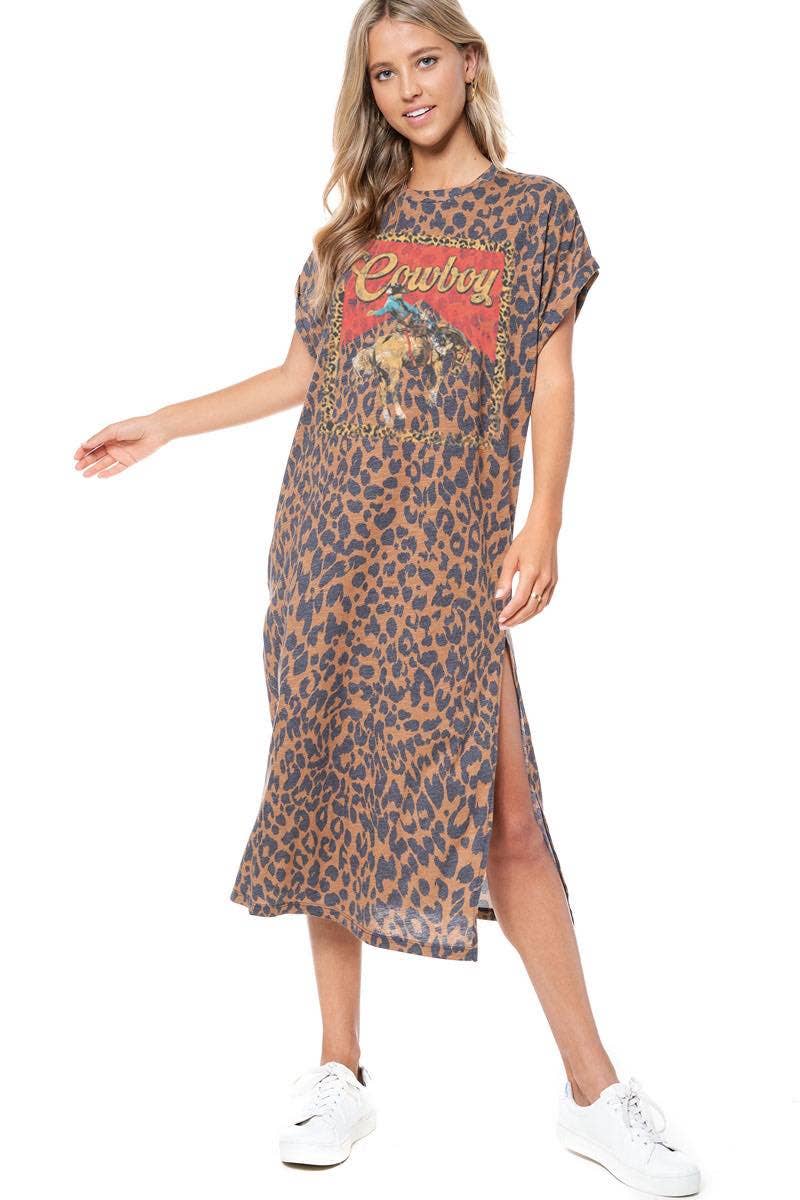 Western Cowboy Leopard Frame Graphic Leopard Maxi Dress: CHARCOAL