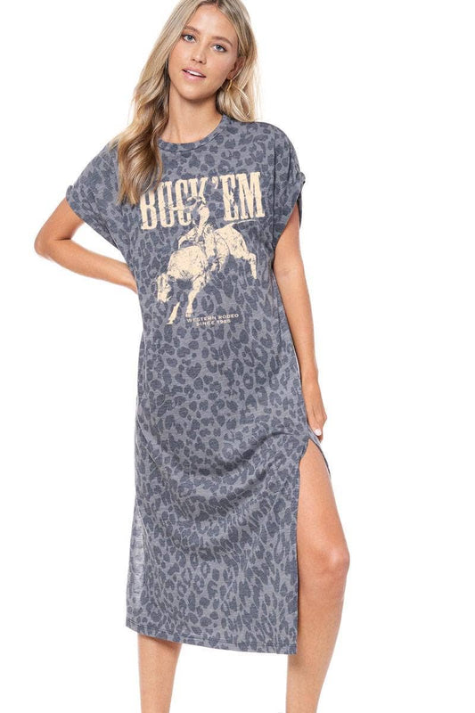 Buck 'Em Cowboy Vintage Graphic Leopard Maxi Dress: CHARCOAL